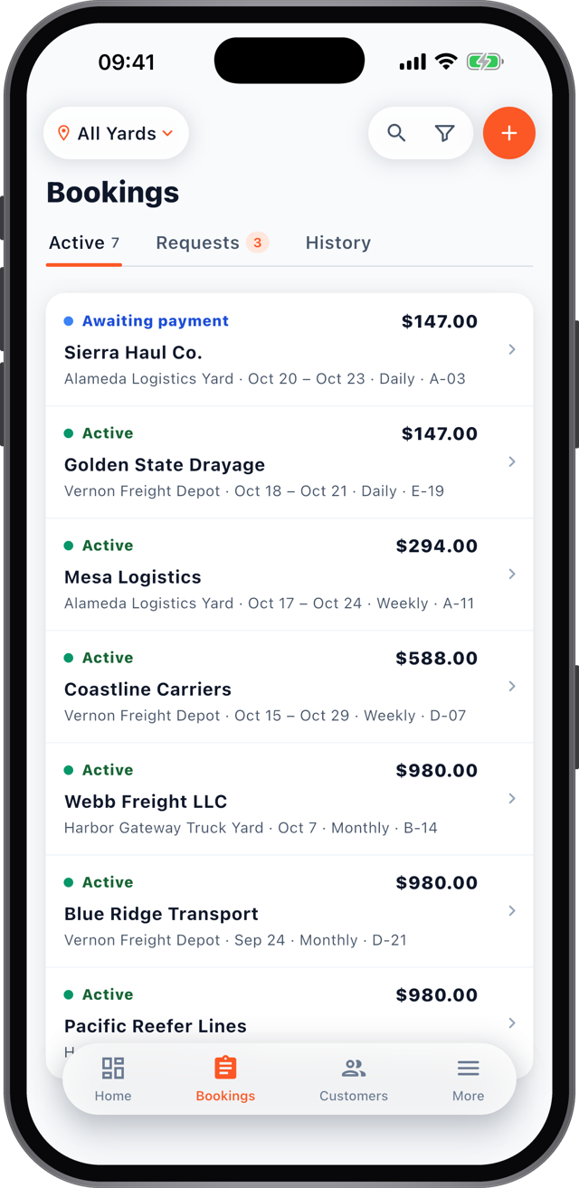 Bookings list in the Rig Hut app